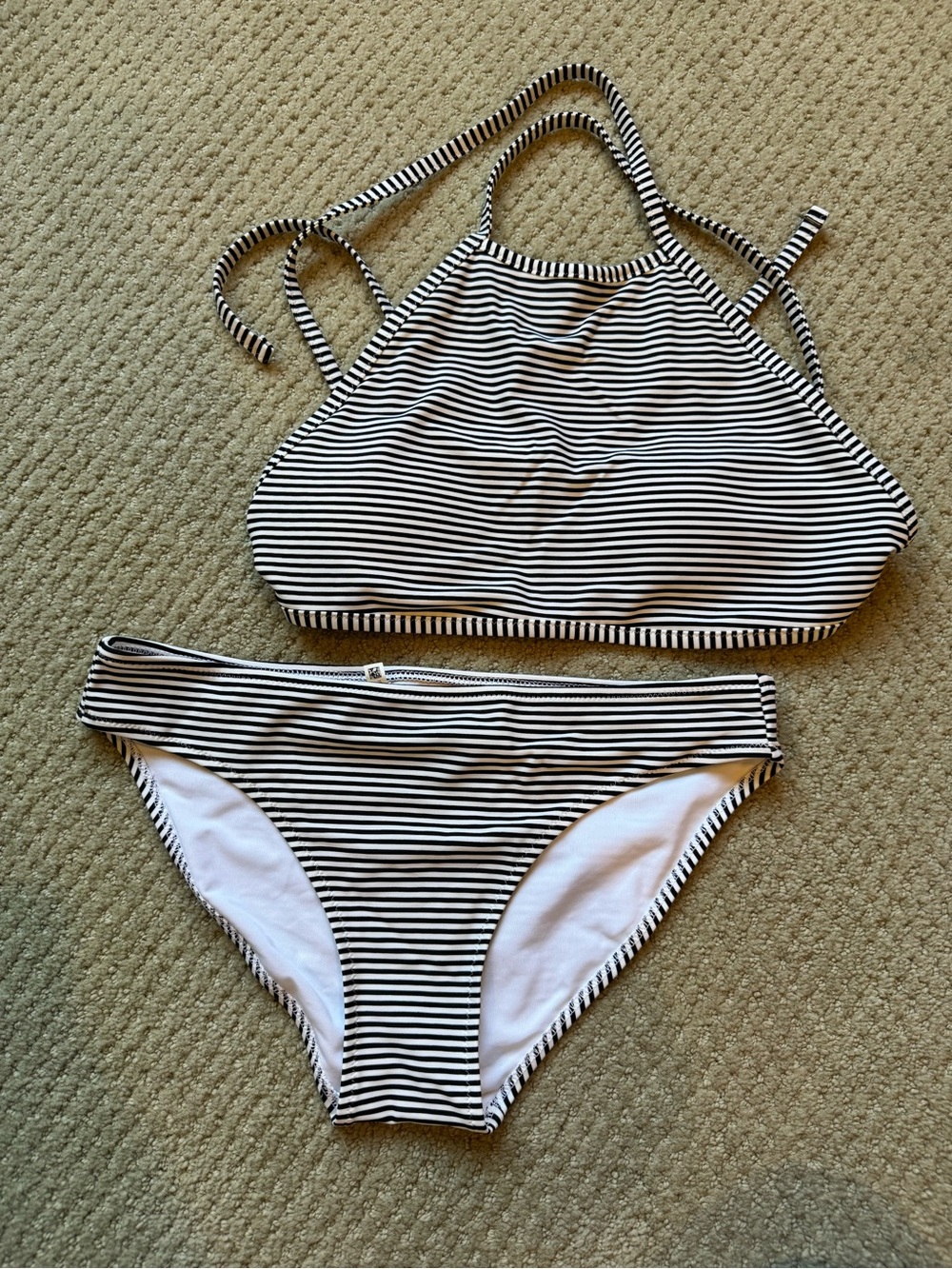 aerie Black & White Striped High-Neck Bikini Set